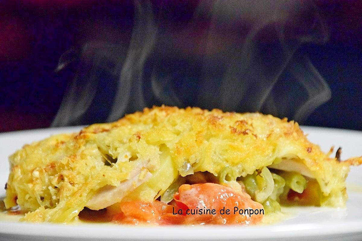 recette Gratin de pommes de terre, boudin blanc, tomates et haricots