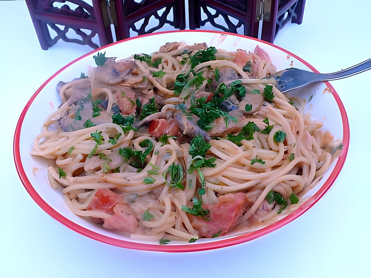 recette SPAGUETTIS AUX CHAMPIGNONS ET TOMATES