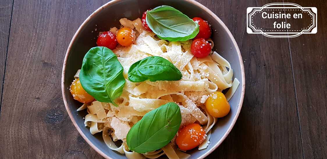 Recette de Tagliatelles maison ,tomates-basilic-parmesan , il en faut