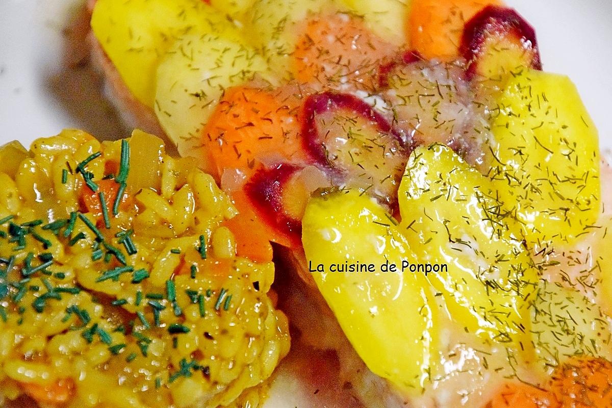 recette Saumon en papillote garni d'un arc-en-ciel de carottes et sauce Potier