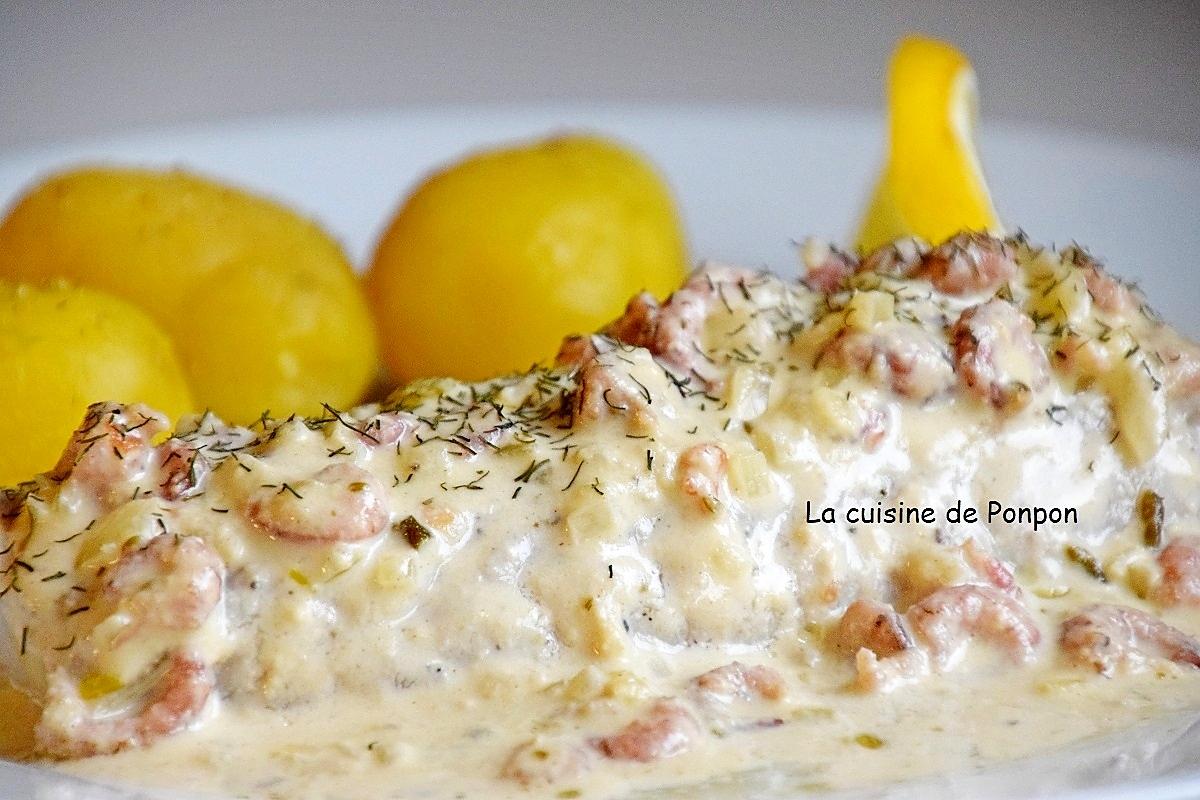 recette Filet de cabillaud cuit à basse température servi avec une sauce aux crevettes grises