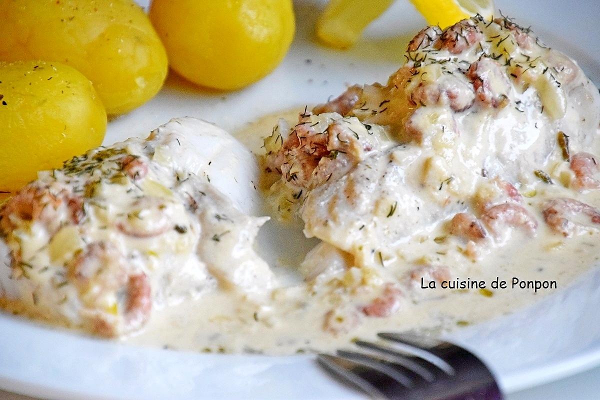 recette Filet de cabillaud cuit à basse température servi avec une sauce aux crevettes grises