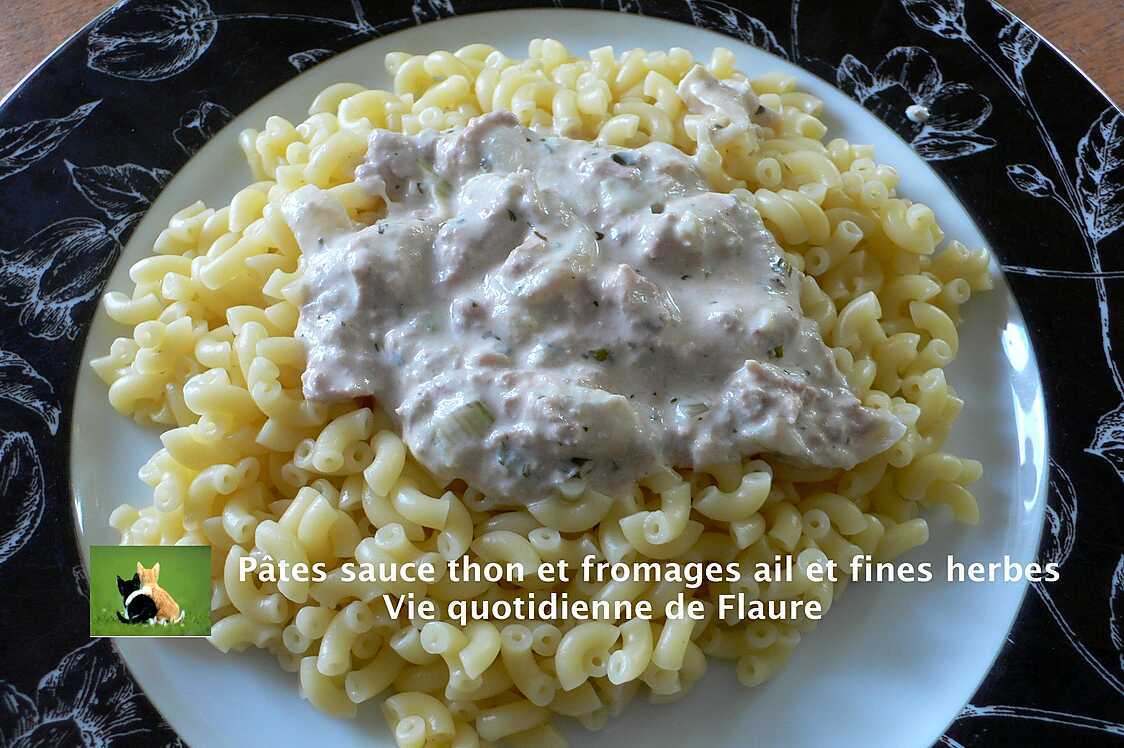 Recette de Pâtes sauce thon et fromage ail et fines herbes