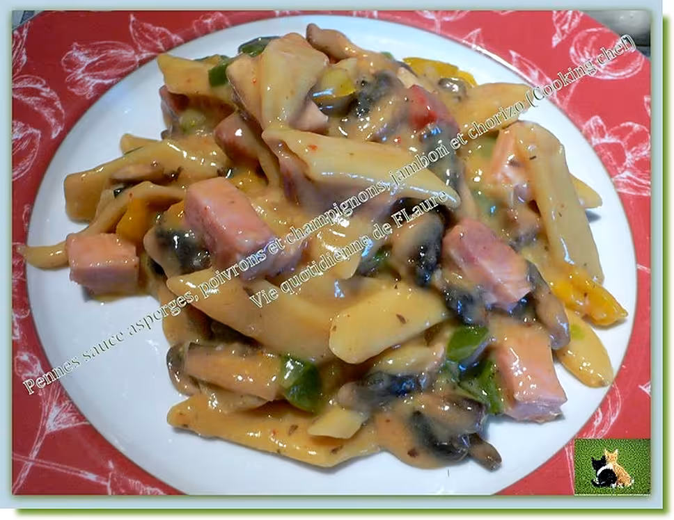 recette Pennes sauce asperge, poivrons et champignons, jambon et chorizo, (Cooking chef)