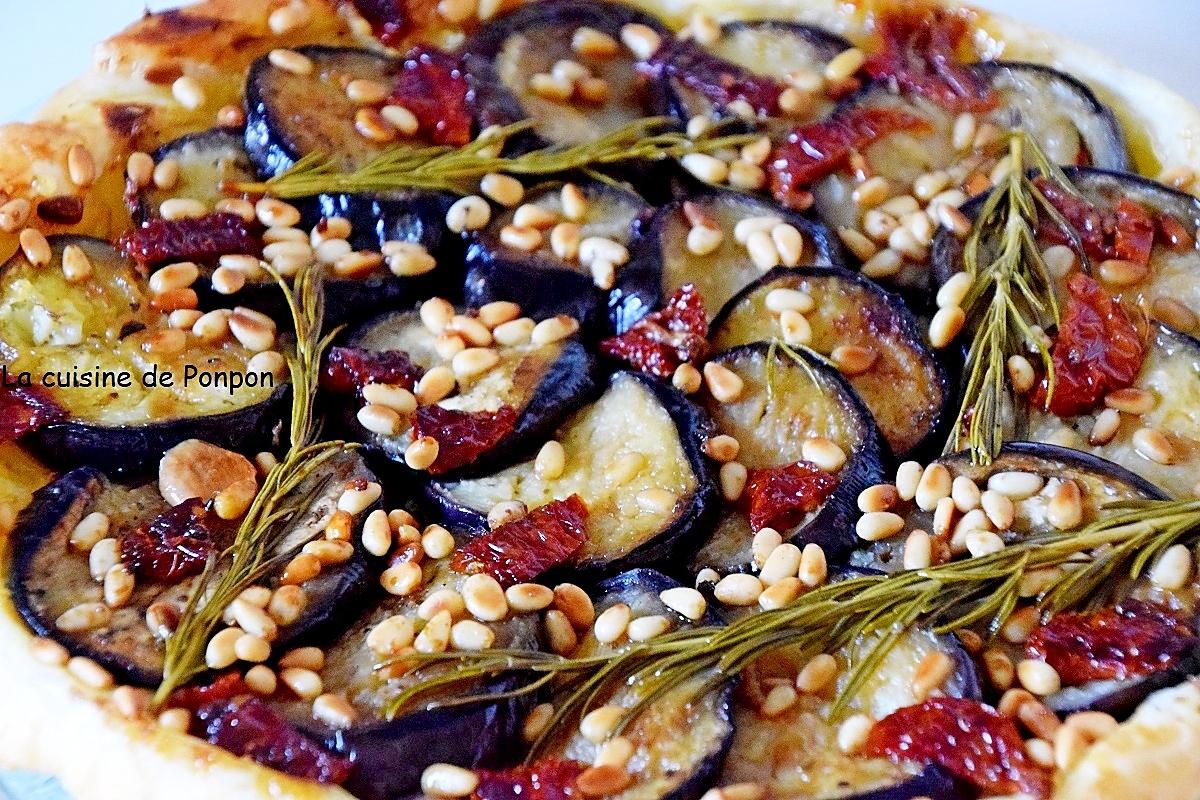 recette Tatin d'aubergines, tomates séchées, pignons et moutarde douce, végétarien