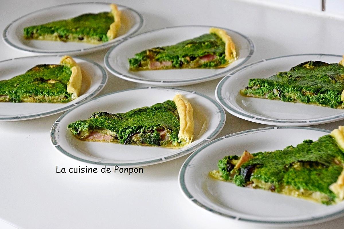 recette Tarte aux aubergines et fanes de navets parfumée à l'ail des ours, végétarien