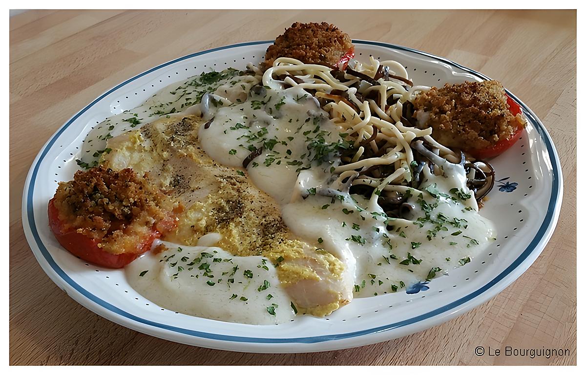 recette Escalope de dinde, nouilles chinoises et champignons noirs.