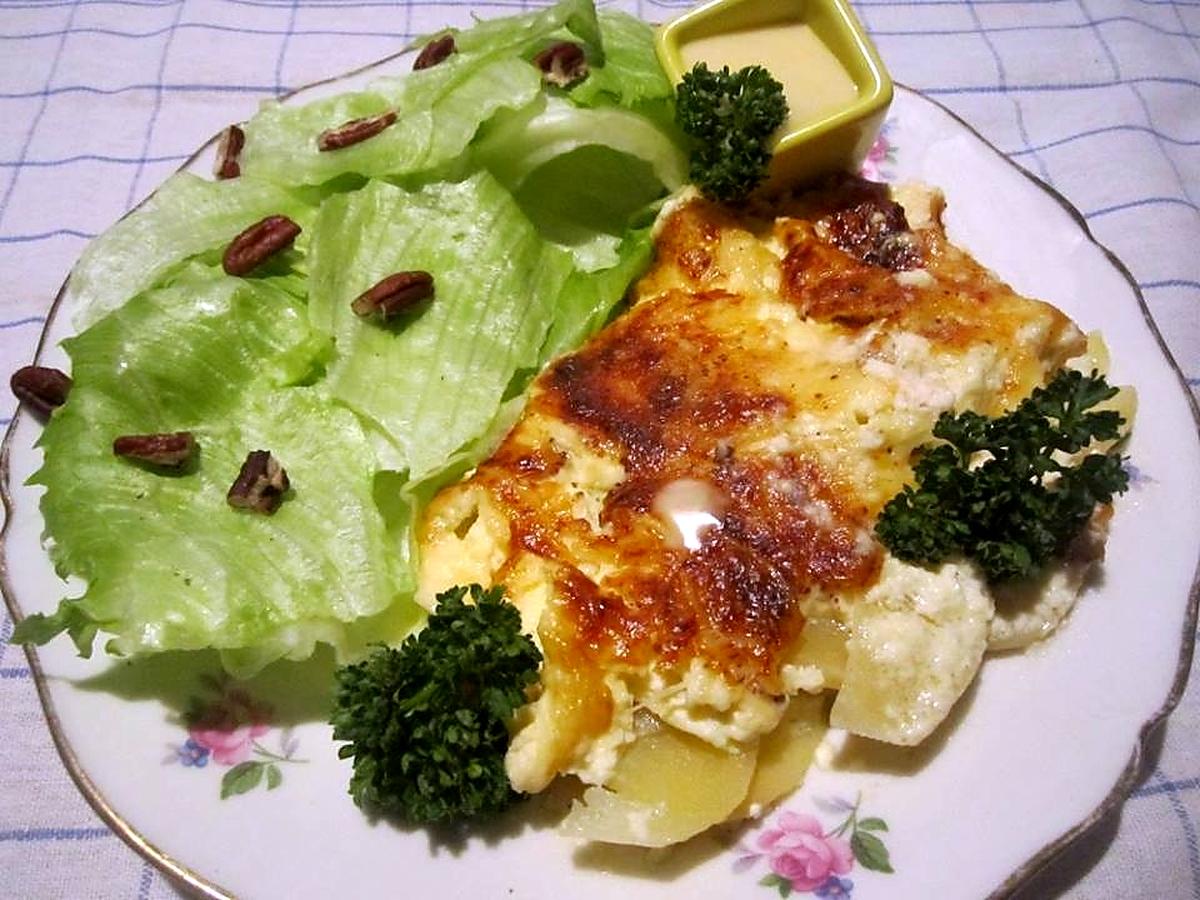 recette Gratinée de p de terre aux lardons et crème fraiche.