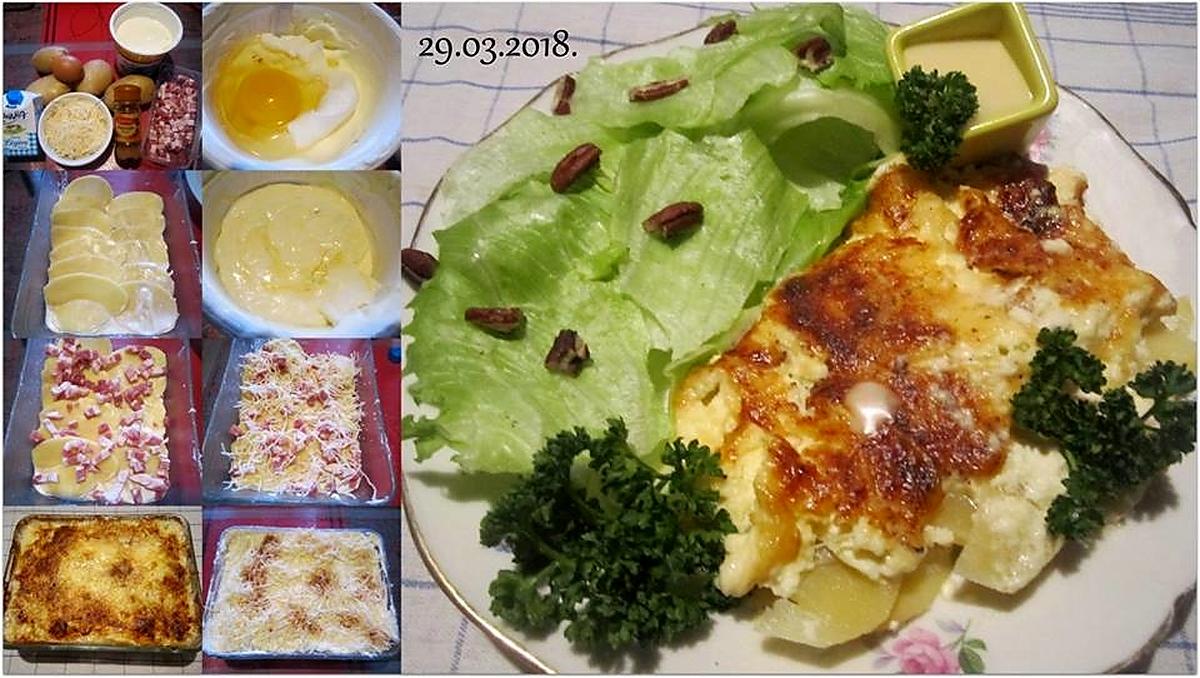 recette Gratinée de p de terre aux lardons et crème fraiche.