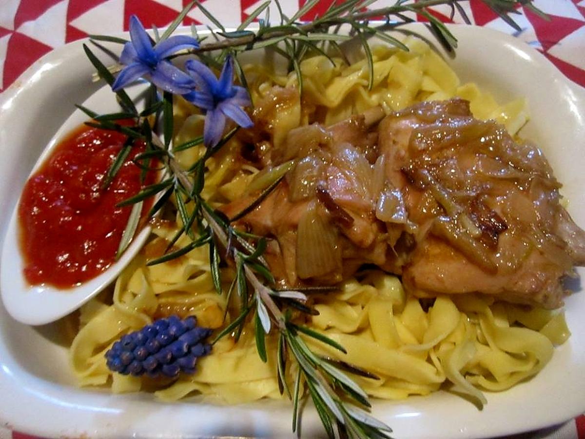 recette Lapin aux échalotes sur un nid de tagliatelle.