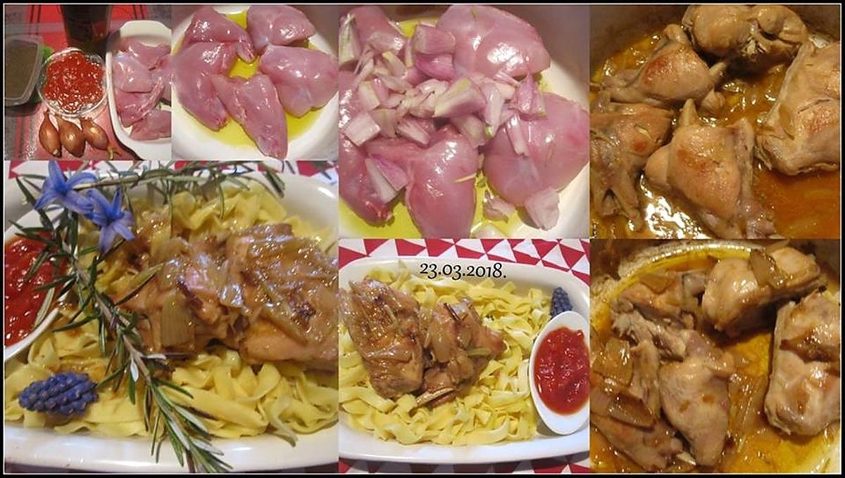 recette Lapin aux échalotes sur un nid de tagliatelle.