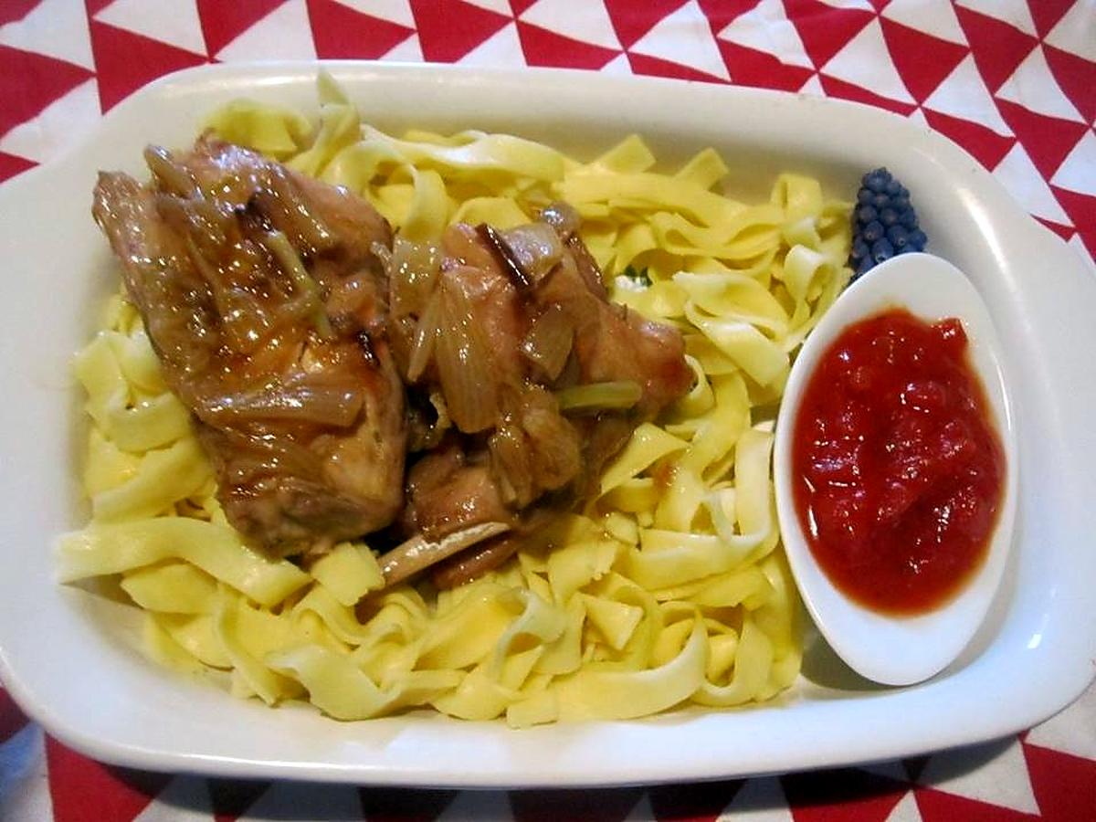 recette Lapin aux échalotes sur un nid de tagliatelle.