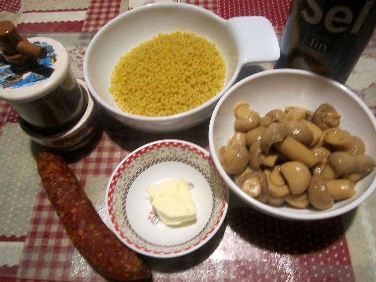 recette Coquillettes au chorizo/champignons.