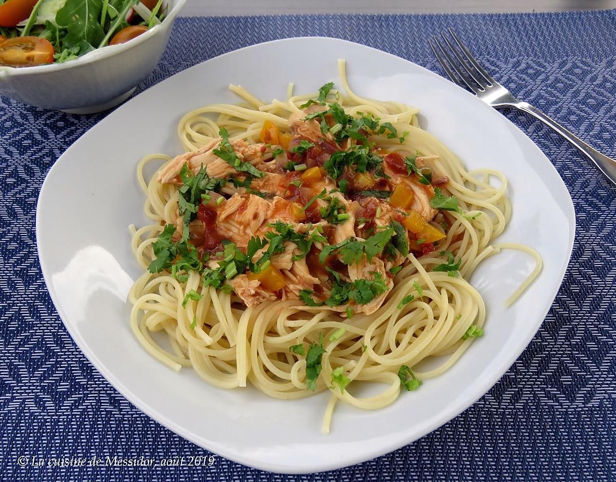 recette Spaghettis au poulet cuit, version express