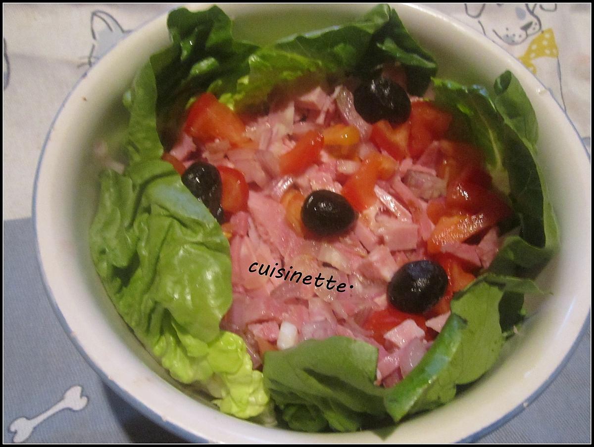 recette Salade au jambon,olives noires.tomates.