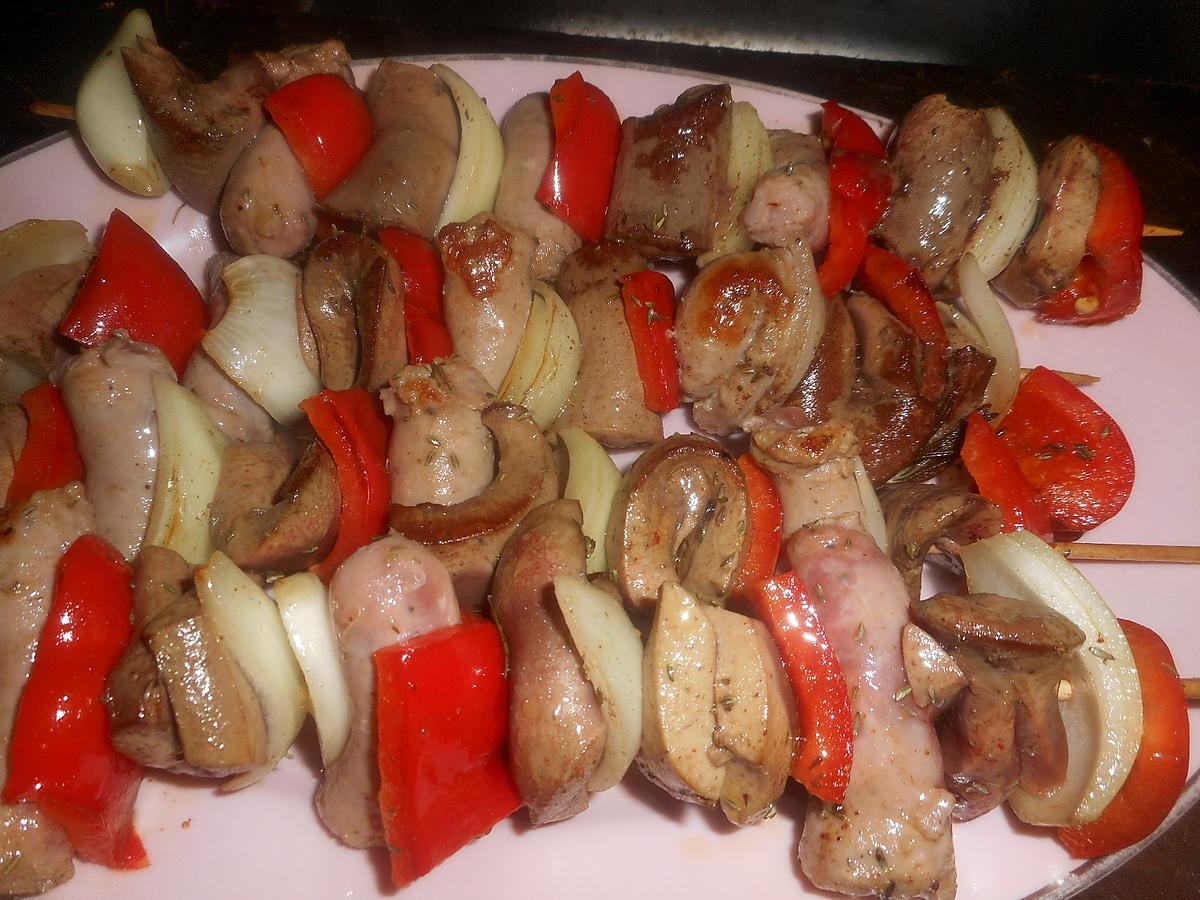 recette Brochettes de rognons de porc,chipolatas,poivron rouge