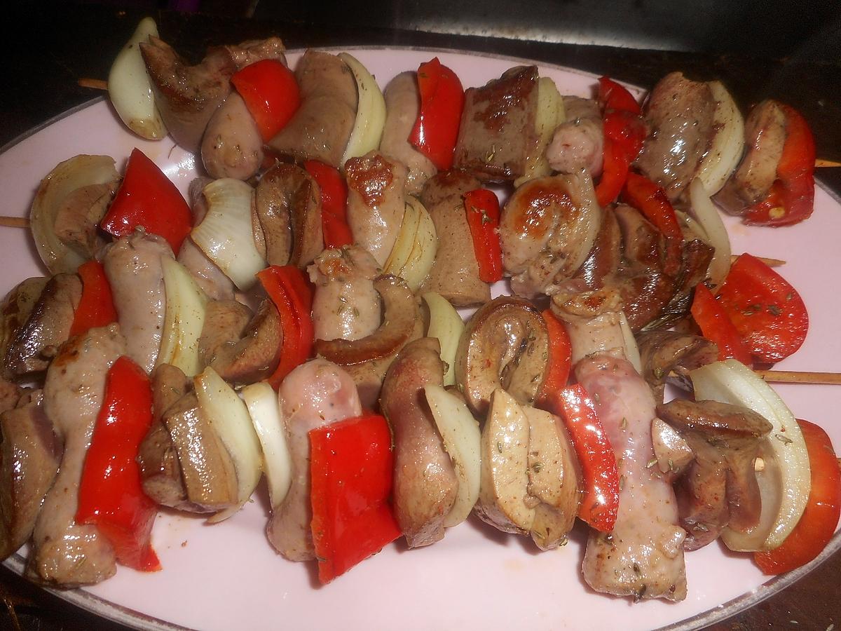 recette Brochettes de rognons de porc,chipolatas,poivron rouge
