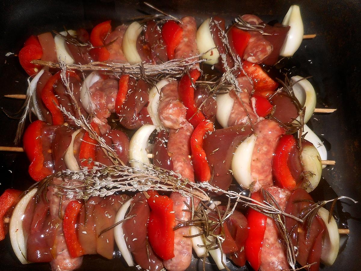 recette Brochettes de rognons de porc,chipolatas,poivron rouge