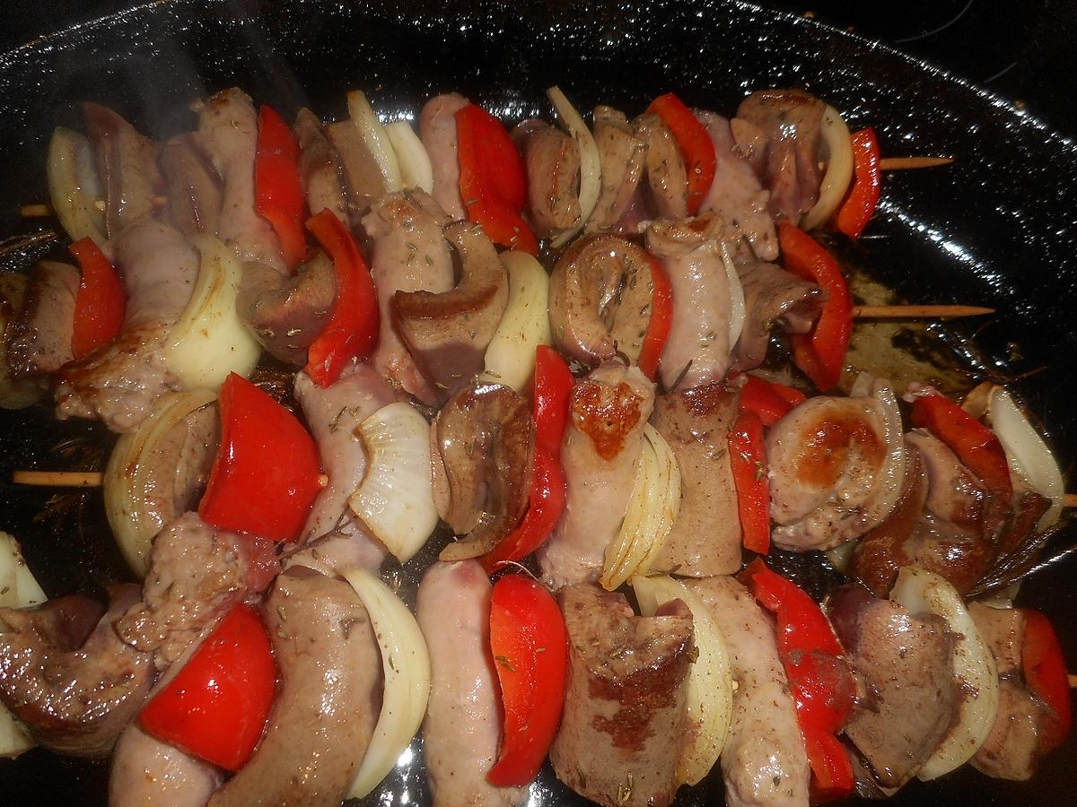 recette Brochettes de rognons de porc,chipolatas,poivron rouge