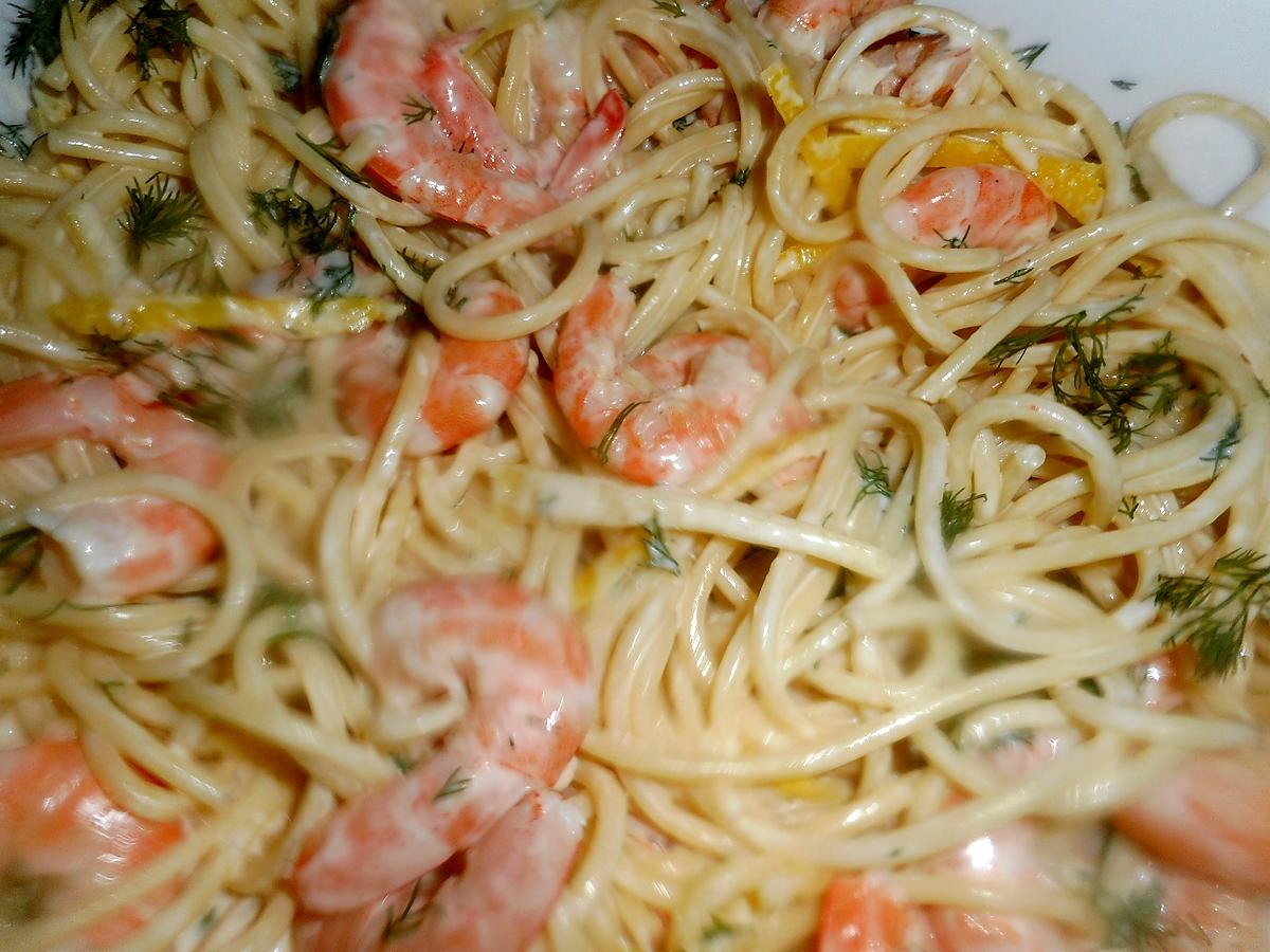 recette Spaghetti aux crevettes,citron et aneth