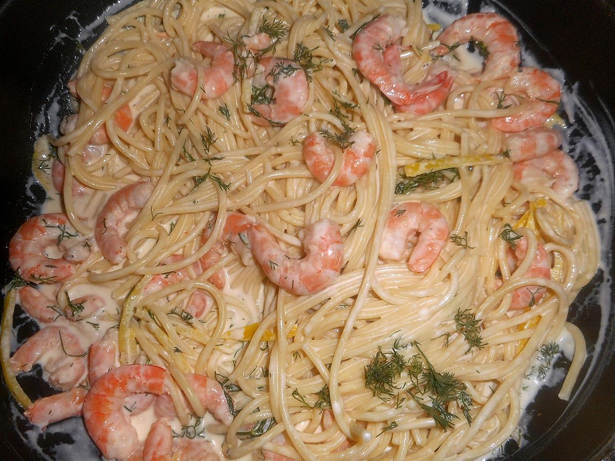 recette Spaghetti aux crevettes,citron et aneth