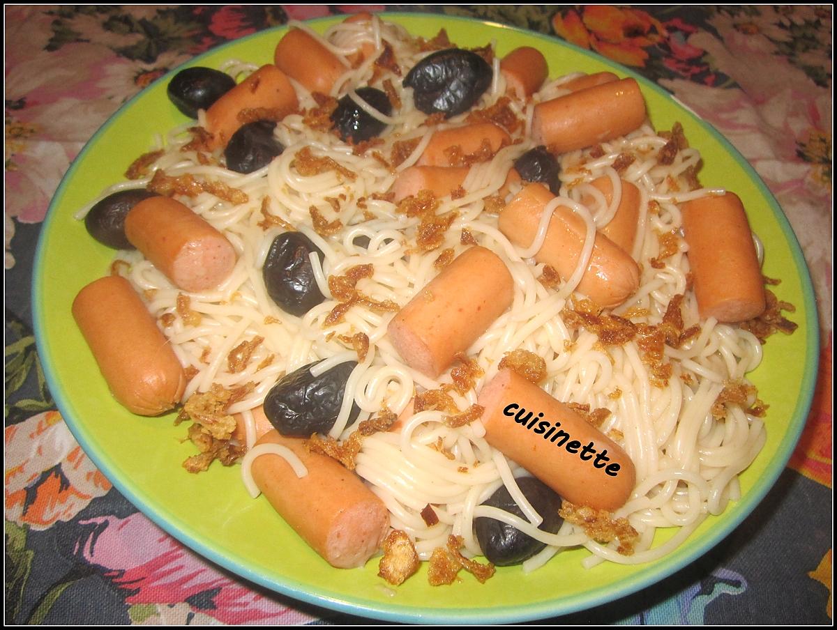 recette Spaghettis aux snacks et olives noires.