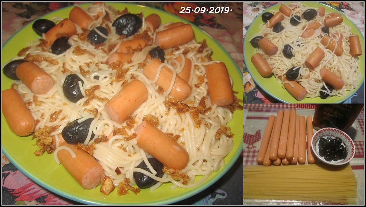 recette Spaghettis aux snacks et olives noires.