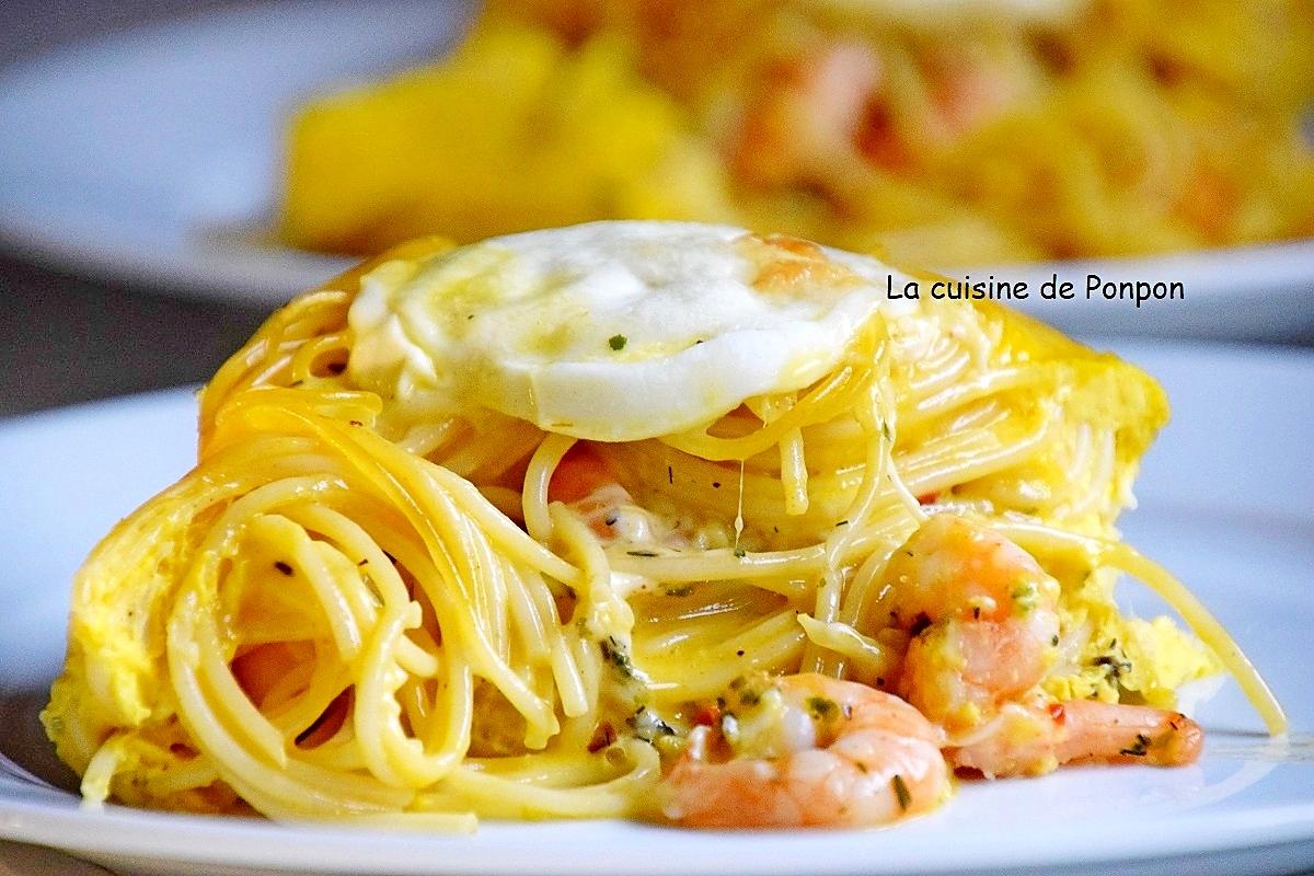 recette Cake de spaghetti aux crevettes roses et mozza