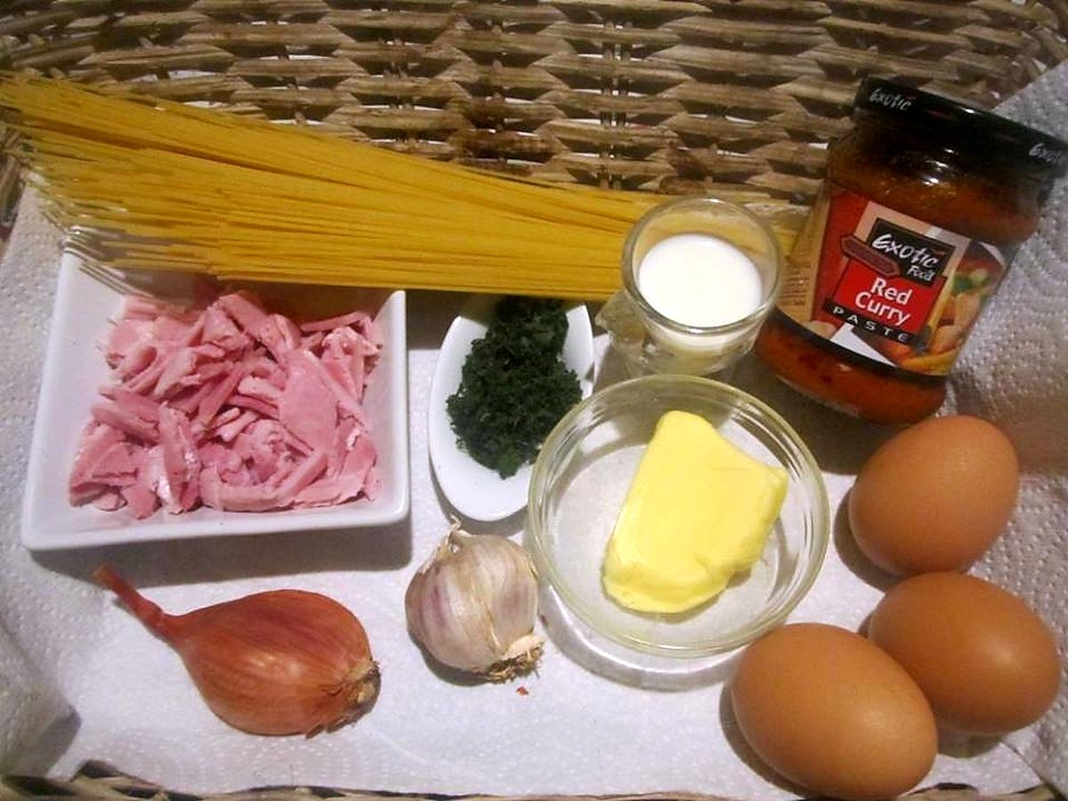 recette Spaghettis.omelette brouillée aux olives.jambon.échalotes.