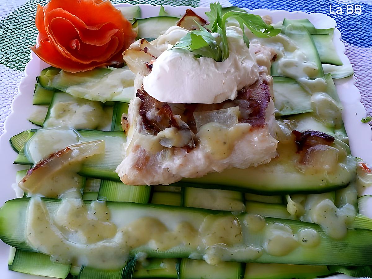 recette lieu jaune sur damier de courgettes nappé de velouté au st moret