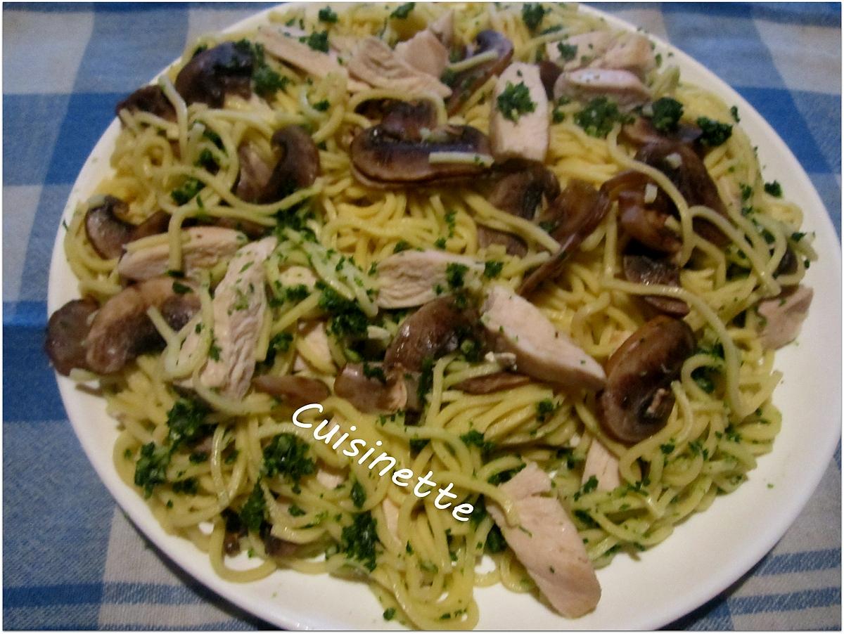 recette Spaghettis aux champignons escalopes de poulet.