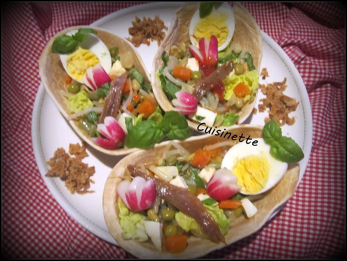 recette Tacos aux crudités,anchois,œufs,mozzarella,basilic.