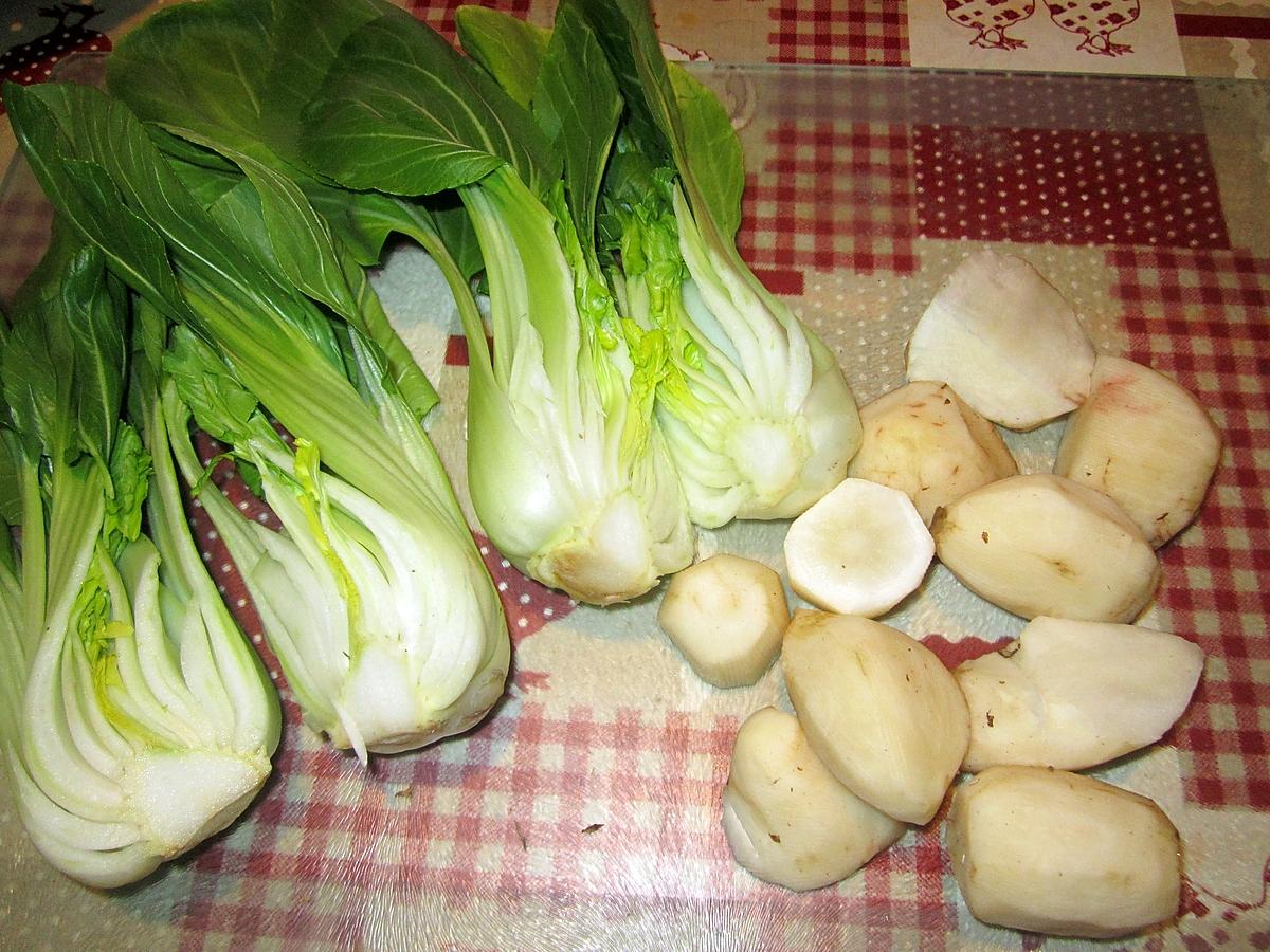 recette Topinambour,Pak choi,aux lamelles de poulet.