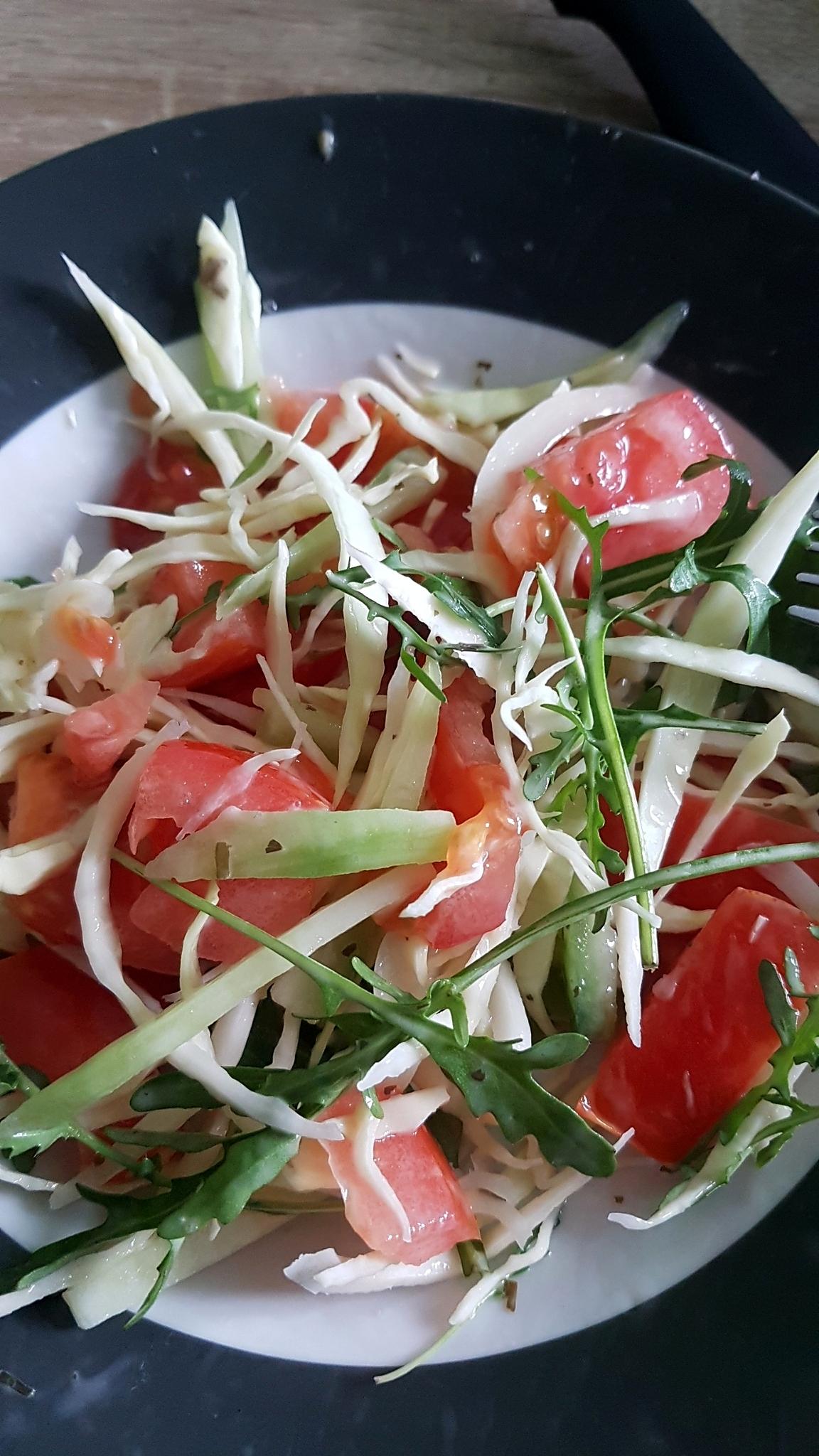 recette Salade minceur au choux blanc, concombre, tomates, avocat et roquette