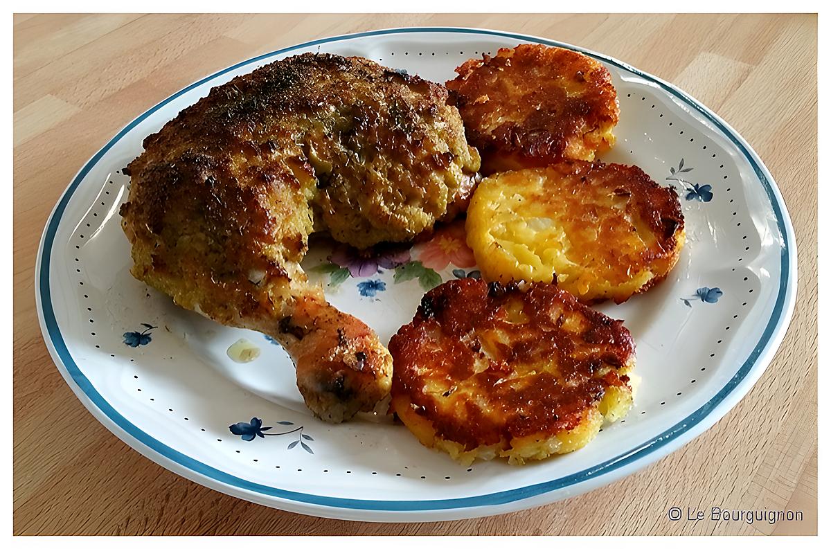 recette Cuisses de poulet gratinées purée d'olive - galettes de pommes de terre