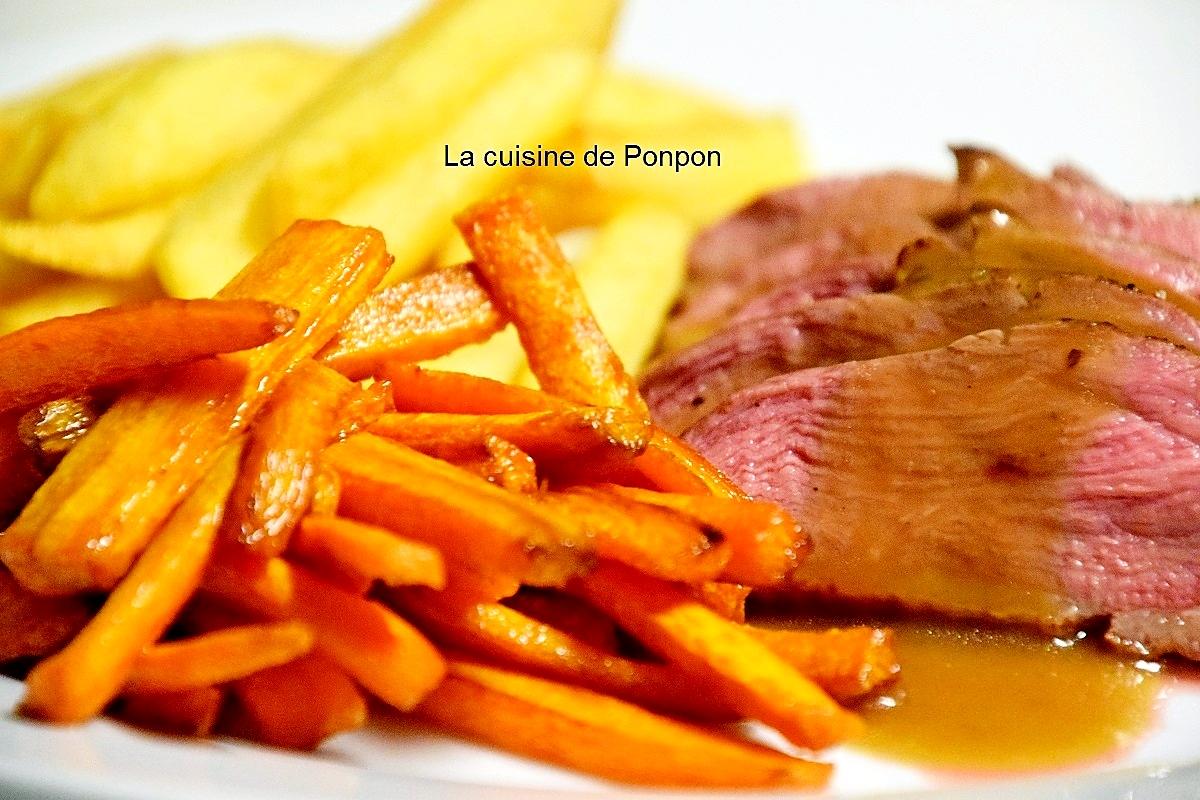 recette Magret de canard cuit à basse température, sauce grand veneur accompagné de frites de pomme de terre et carotte