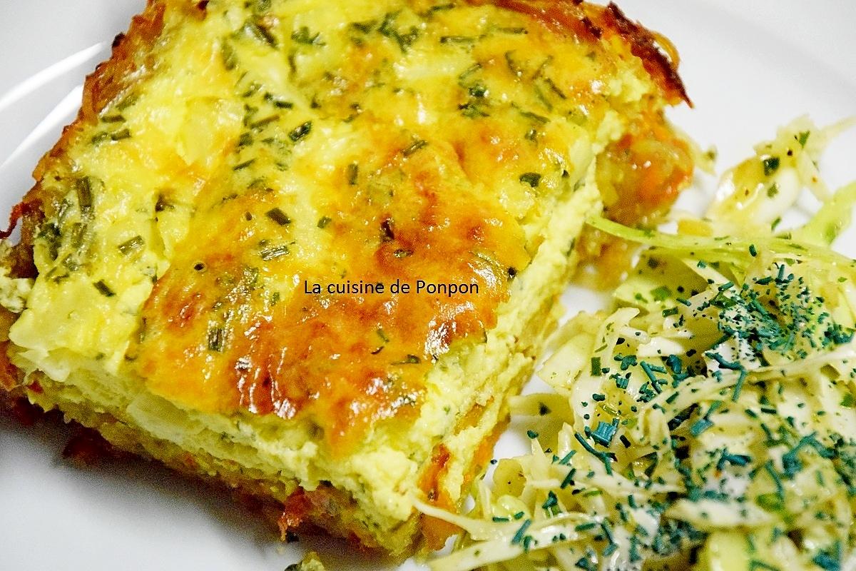 recette Quiche aux herbes fraîches sur croustillant de pommes de terre et carottes, végétarien