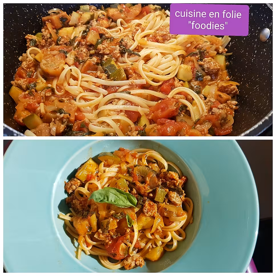 recette Pâtes à la saucisse, aubergine ,courgette, épinards
