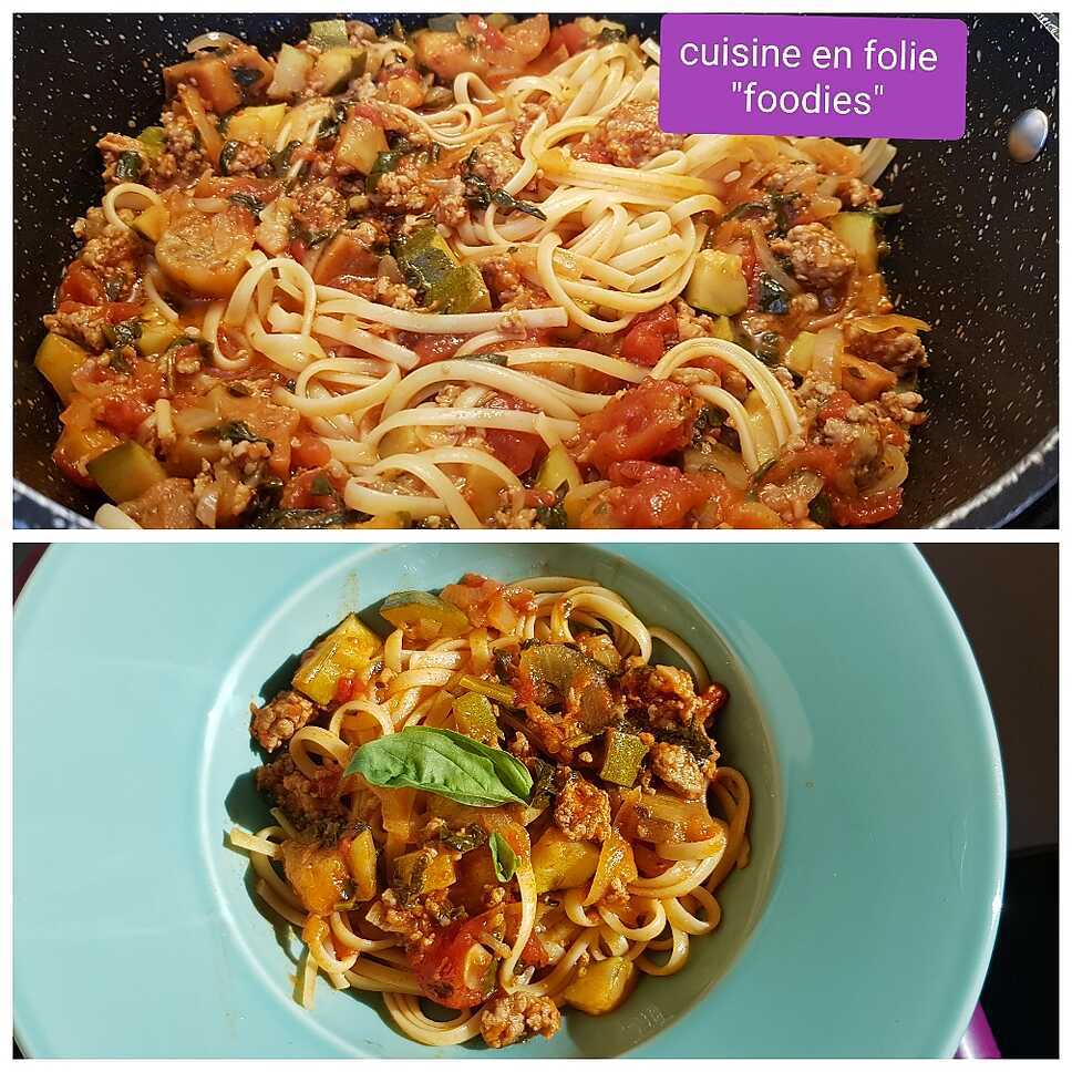 recette Pâtes à la saucisse, aubergine ,courgette, épinards