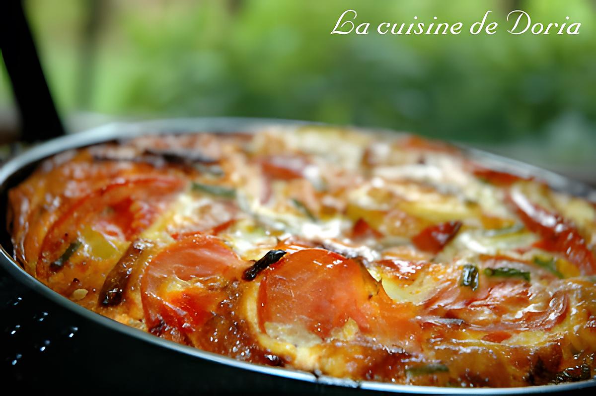 recette Omelette aux tomates du jardin, pommes de terre, chorizo et féta