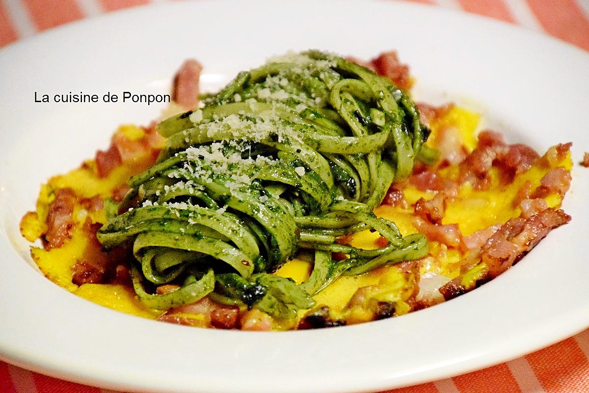 recette Linguine au pesto de pissenlit sur un lit d'omelette