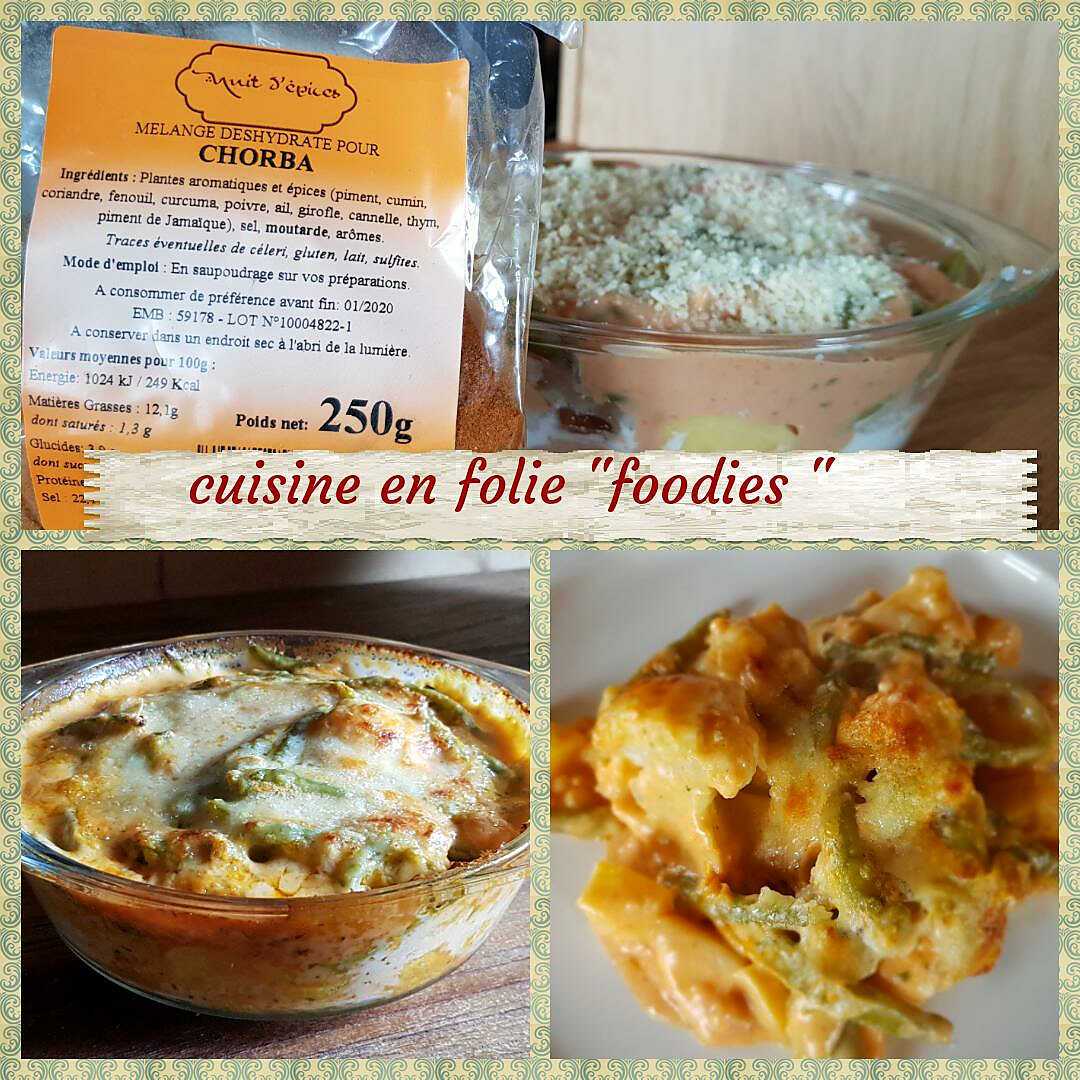Gratin de pommes de terres - choux-fleurs haricots verts sauce chorba