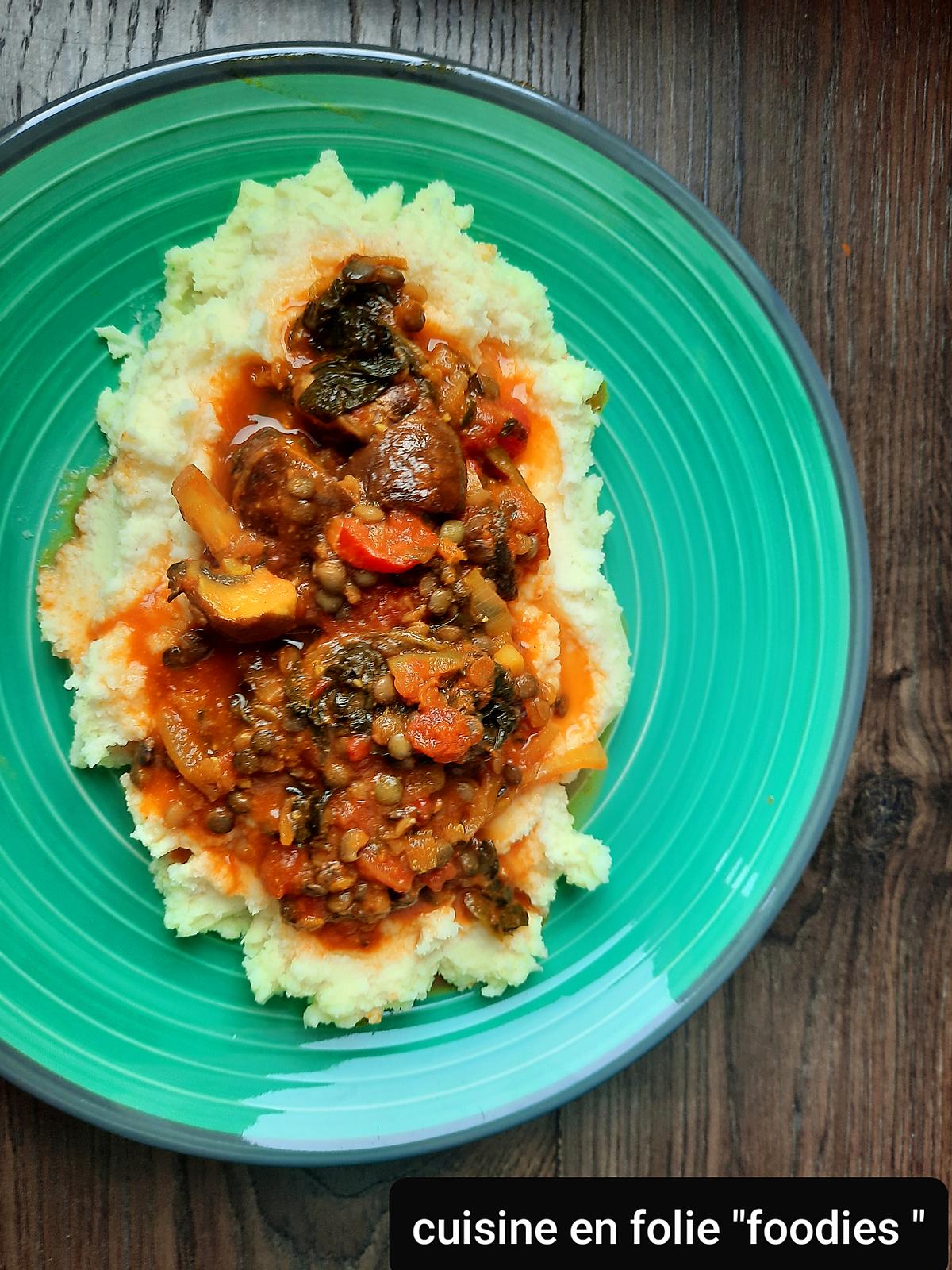 recette Purèe aux lentilles champignons épinards aux épices ( plat complet végétarien)