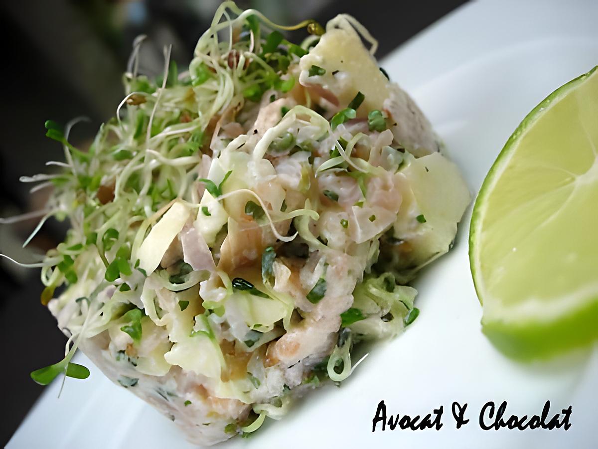 recette ** Fraîcheur fumée rose et verte ou faux tartare : saumon, pomme , fromage frais voilé de graines germées **