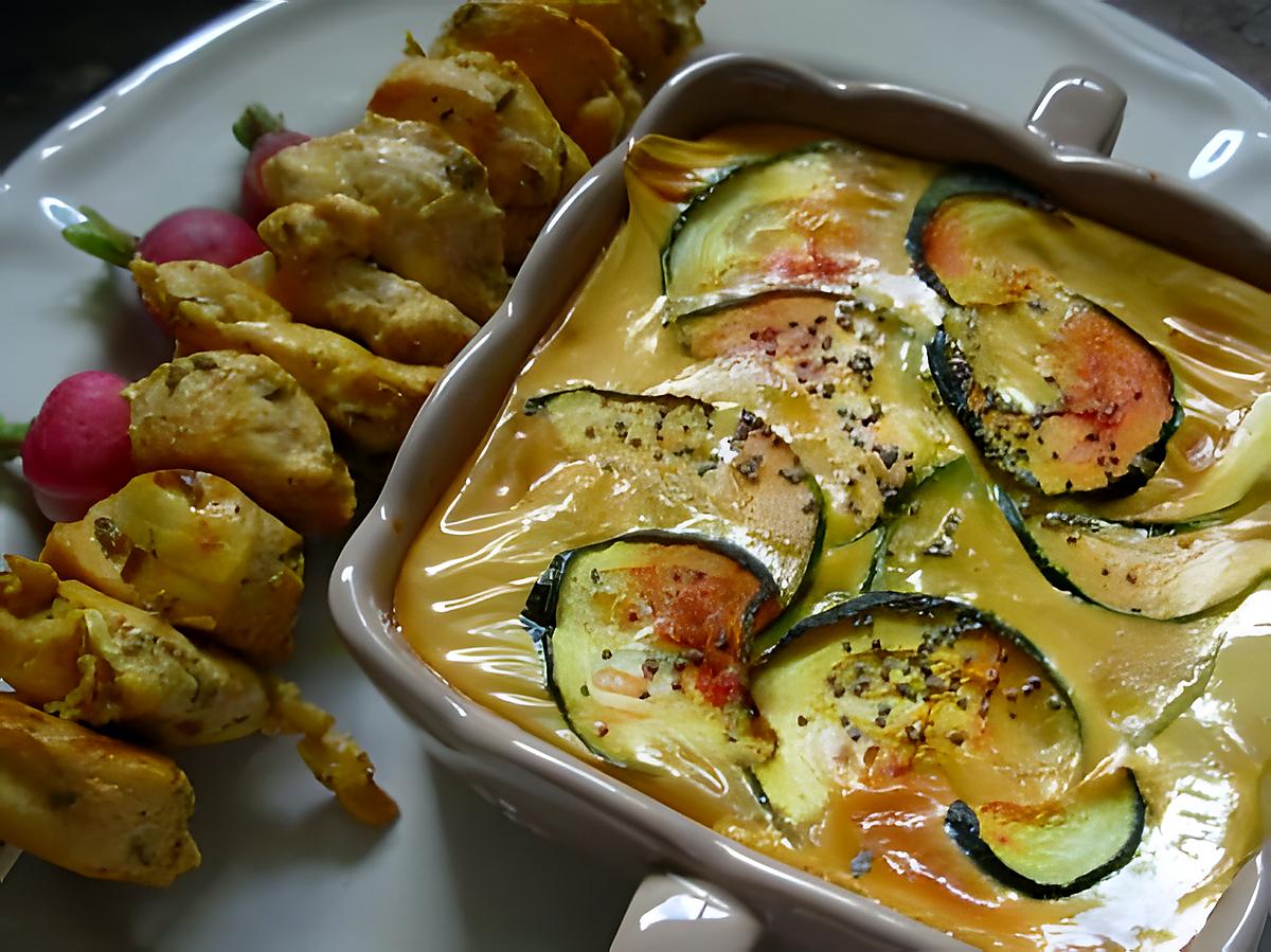 recette Brochette de poulet aux épices et son gratin de pomme de terre&courgettes.