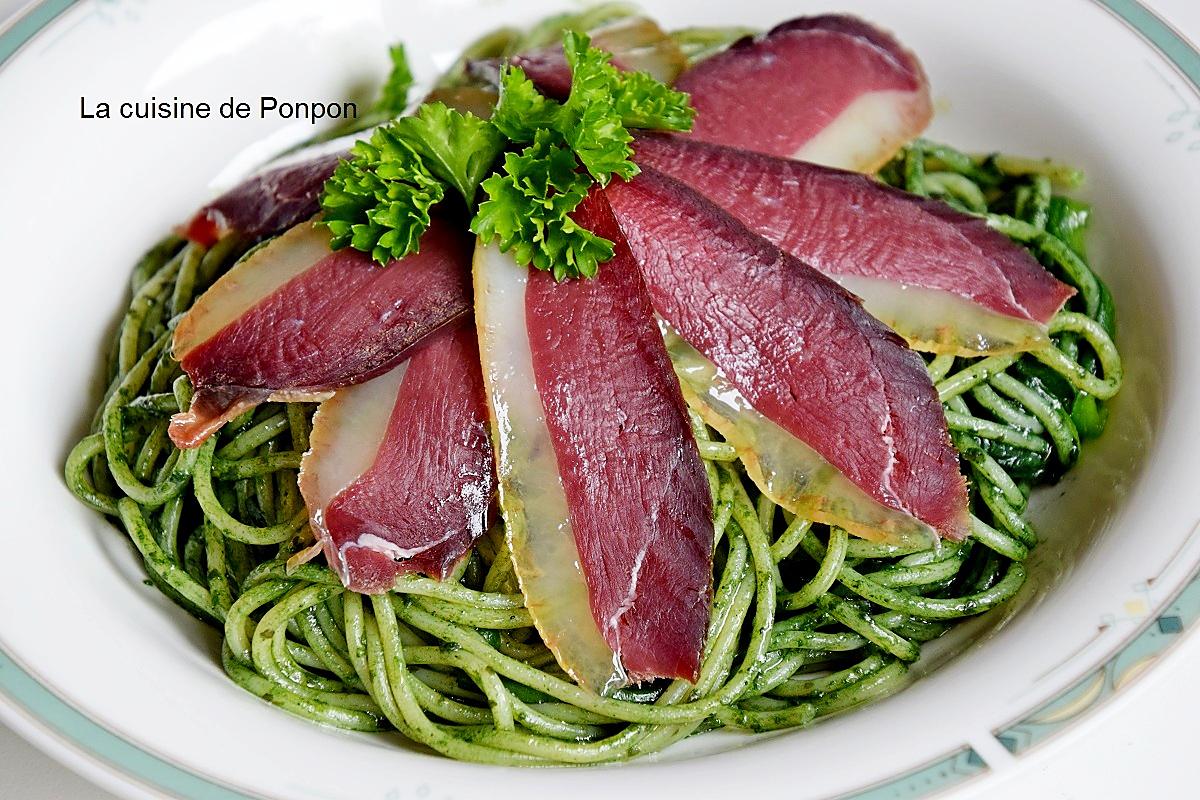 recette Spaghetti de pâte et courgette au pesto et spiruline