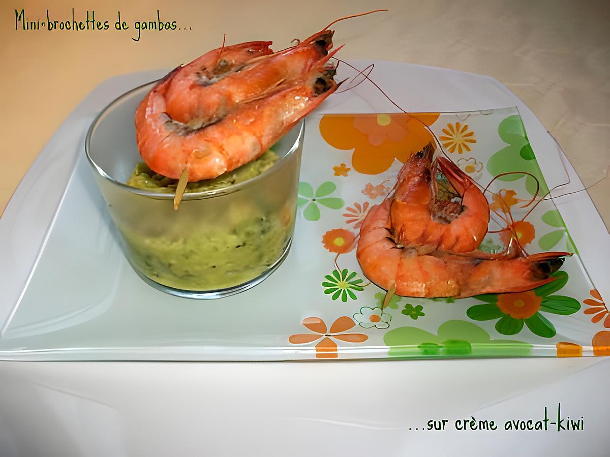 recette Mini-brochettes de gambas sur crème avocat-kiwi