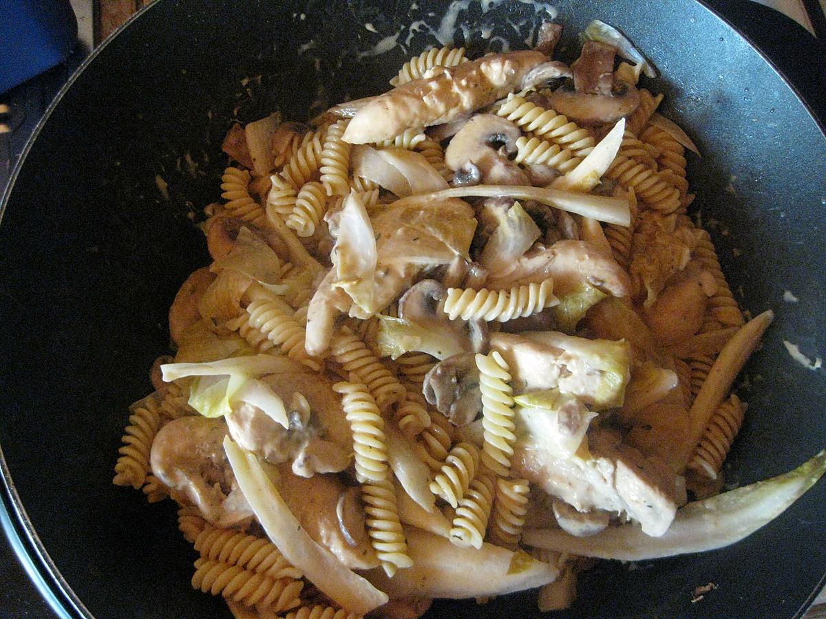 recette Spirellis à l'endive, aux champignons et aiguillettes de poulet