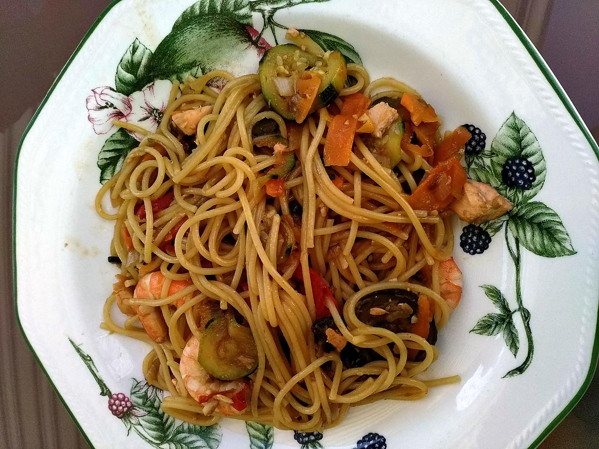 recette Spaghettis aux crevettes et légumes