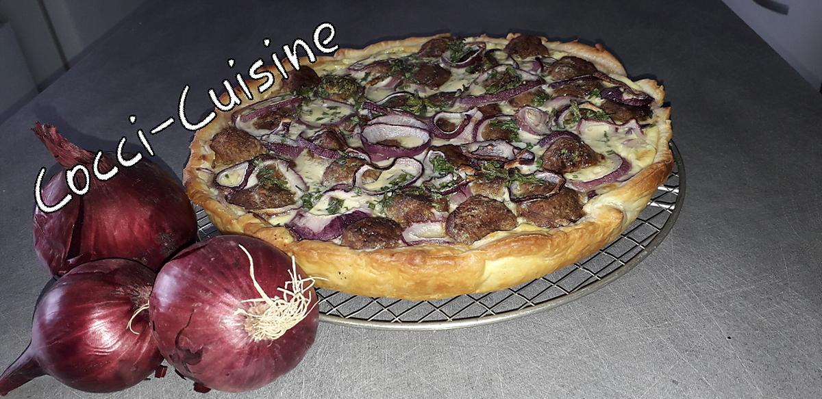 recette Quiche chèvre aux oignons rouges et minis boulettes